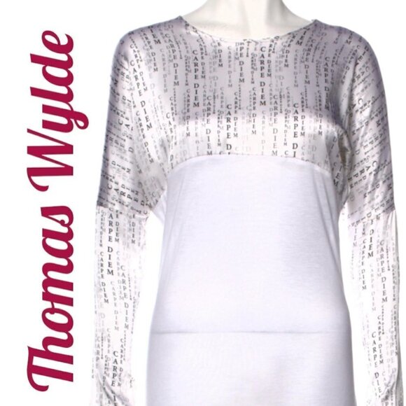 THOMAS WYLDE Carpe Diem Graphic Bateau Neckline Long Sleeve White Mini Dress, S - Picture 5 of 15